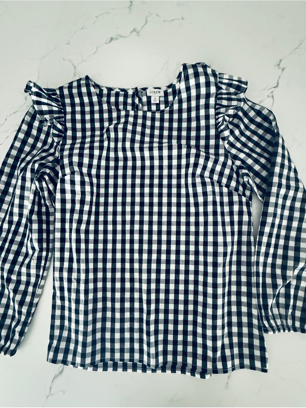 J. Crew Women's Navy & White Gingham Ruffle Shoulder Top